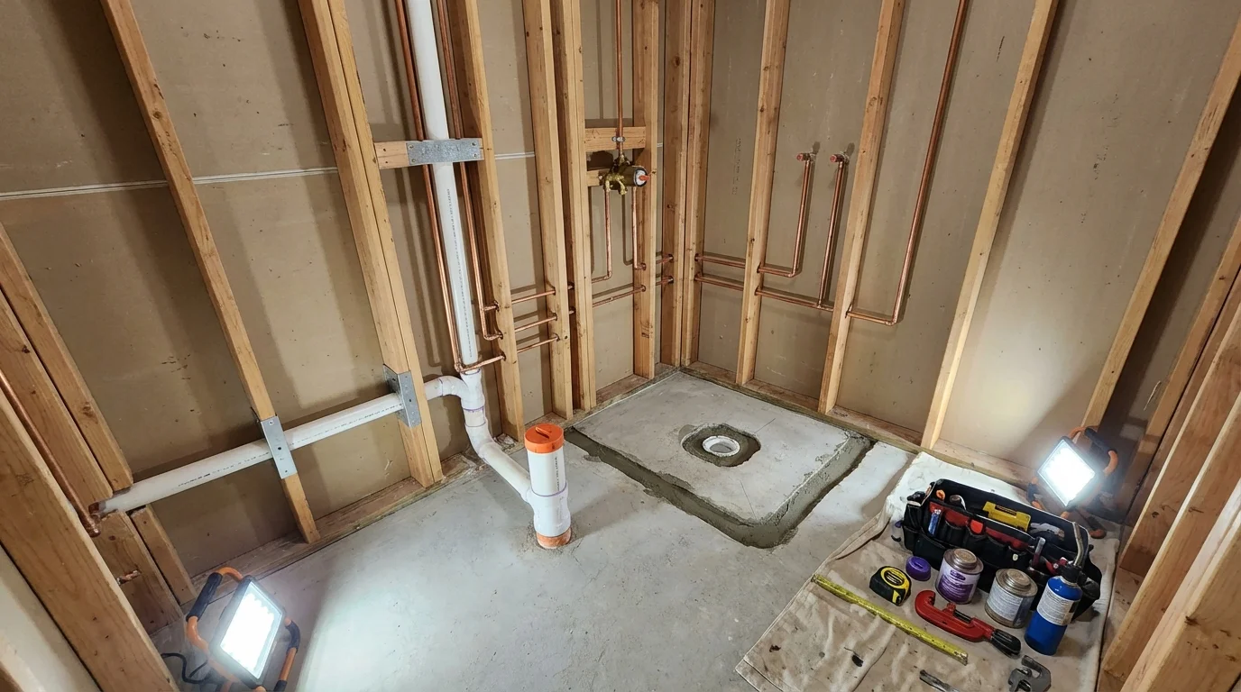 Bathroom rough-in plumbing during remodel by Johns Plumbing LLC in Ketchum