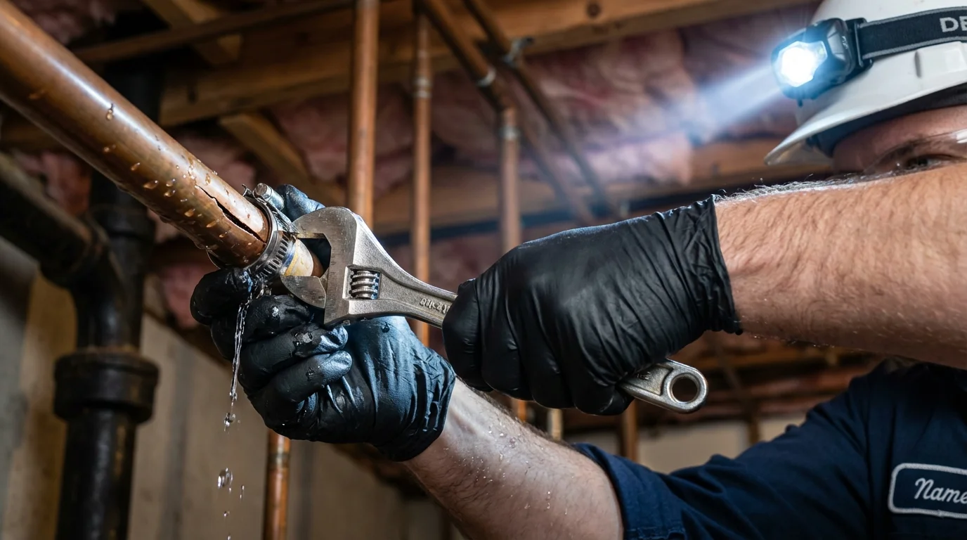Emergency pipe clamp repair being performed by a Johns Plumbing LLC plumber in Ketchum